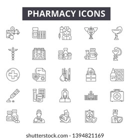Pharmacy line icon signs.  Linear vector outline illustration set concept.