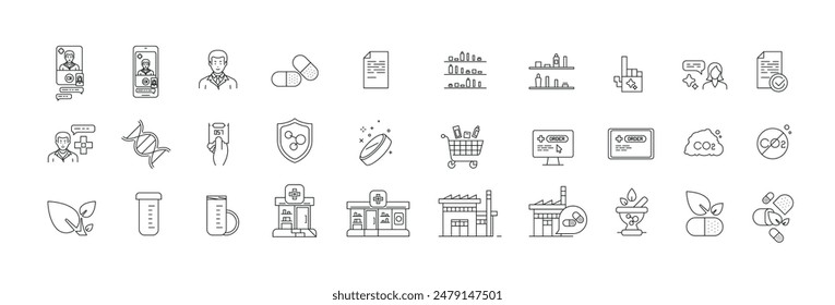 línea de farmacia icone Ilustraciones vectoriales establece sostenibilidad tecnología salud y medicina