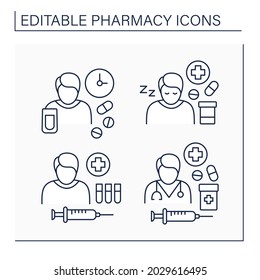 Pharmacy line icons set. Antibiotic management,dosage, drug therapy, side effects. Healthcare concept. Isolated vector illustrations. Editable stroke