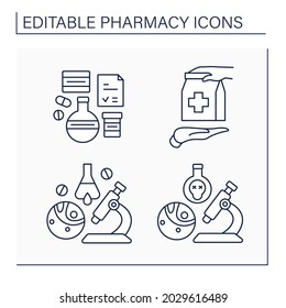 Pharmacy line icons set. Dispensing medical drugs. Toxicology, retail purchase, biopharmaceutical industry, brand name. Healthcare concept. Isolated vector illustrations. Editable stroke
