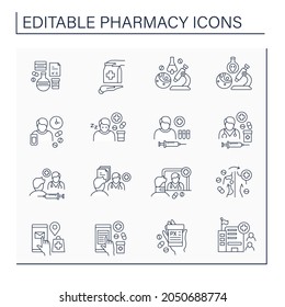 Pharmacy line icons set. Dispensing medical drugs. Research and development. Healthcare concept. Isolated vector illustrations. Editable stroke