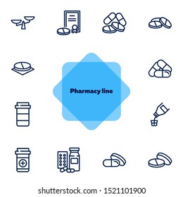Pharmacy line icons. Set of line icons on white background. Medicine concept. Aid, pills, tablets. Can be used for topics like pharmacy, medicine, hospital, treatment