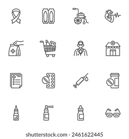 Pharmacy line icons set, outline vector symbol collection, linear style pictogram pack. Signs, logo illustration. Set includes icons as prescription, medicine pills, eye drops, vaccine, medication