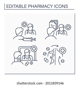 Pharmacy Line Icons Set.Community Pharmacy, Efficacy, Specialty Drugs, Pharmaceutical Care. Healthcare Concept. Isolated Vector Illustrations. Editable Stroke