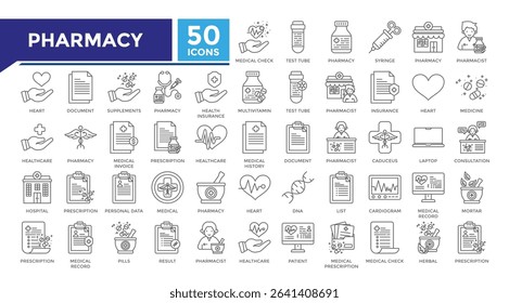 Pharmacy lineal icon set collection. This set includes prescription, report, result, cardiology, dna, checkup, consultant, lab and more icons in 
lineal style. Vector icons collection for websites