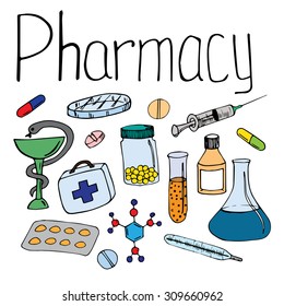 Pharmacy linear colored objects on white background. Vector