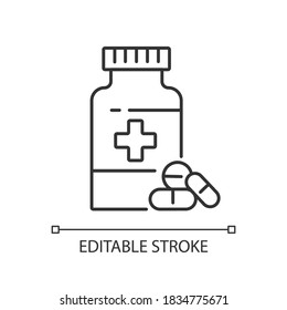 Pharmacy linear icon. Drugstore. Pharmaceutical industry. Pills prescription. Medical treatment. Thin line customizable illustration. Contour symbol. Vector isolated outline drawing. Editable stroke