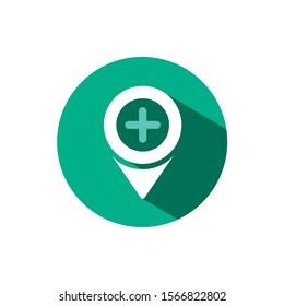 Pharmacy location icon with shadow on a green circle. Vector pharmacy illustration