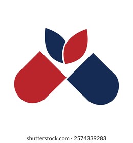 Pharmacy logo with capsule and leaf design in red and blue for healthcare branding