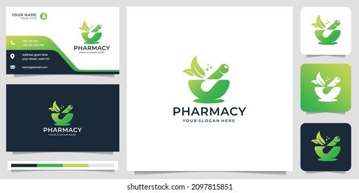 pharmacy logo design. creative modern mortar logo and pestle with leaf herbal medicine pharmacy green color design.