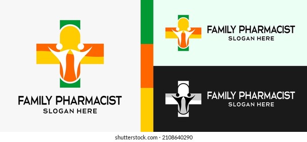 plantilla de diseño de logotipo de farmacia con concepto de elemento de píldora e icono de persona en un signo de cruz o más. vector de ilustración de logotipo premium