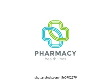 Pharmacy Logo eco green cross design vector template Linear style.
Clinic Medicine Logotype concept icon.