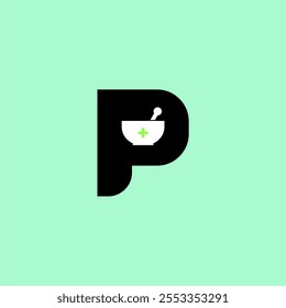 pharmacy logo with elements of the letter P and medicine mixing bowl suitable for health logo designs, pharmacy logos, application icons, health web logos, health pages, drug stores and others