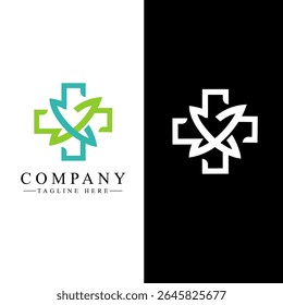 Pharmacy logo featuring a stylized medical cross in teal and green with intersecting leaf shapes for pharmacies, clinics, or healthcare brands.