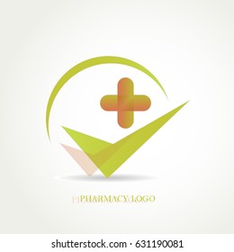 Pharmacy logo green tick and gradient cross icons design