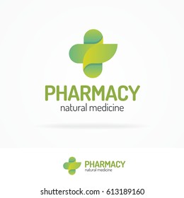 Pharmacy logo set consisting of cross and leaf green color for use herbal medical, alternative medicine, healthcare company, holistic center, pharmaceutical firm, organic drugs. Vector Illustration