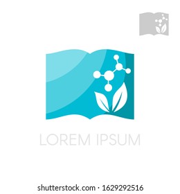 Pharmacy logo symbol. Book with molecule and leaf design elements.