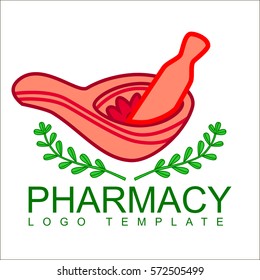 Pharmacy logo template, mortar and pestle with a wreath.	
