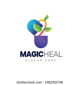 Vector del logotipo de la farmacia. Logo de gradiente de cápsula vegetal. Logo coloreado médico