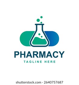 Pharmacy logo vector with labolatory and capsule concept, suitable for pharmacy or medical logo.