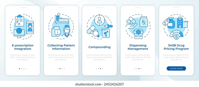 Pharmacy management blue onboarding mobile app screen. Walkthrough 5 steps editable graphic instructions with linear concepts. UI, UX, GUI template. Montserrat SemiBold, Regular fonts used