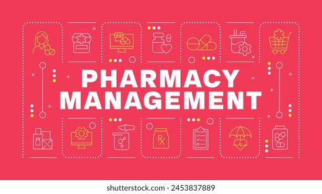 Pharmacy management red word concept. Quality control, monitoring. POS system software. Horizontal vector image. Headline text surrounded by editable outline icons. Hubot Sans font used