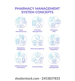 Pharmacy management system blue gradient concept icons. Drug manufacturing, pharmacovigilance. Icon pack. Vector images. Round shape illustrations for infographic, article. Abstract idea