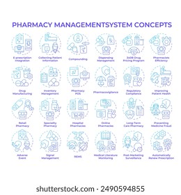 Pharmacy management system blue gradient concept icons. Drug management software. Retail pharmacy. Patient information. Icon pack. Vector images. Round shape illustrations. Abstract idea