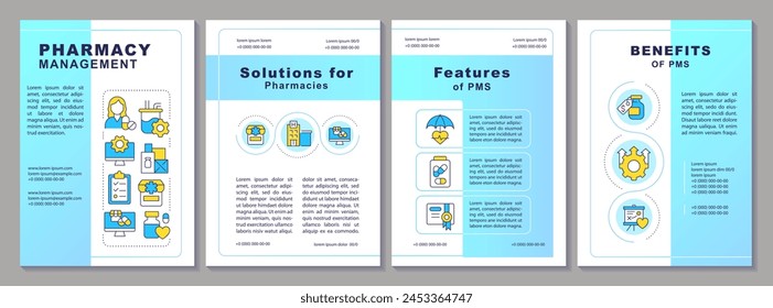 Pharmacy management system brochure template. Leaflet design with linear icons. Editable 4 vector layouts for presentation, annual reports. Arial-Black, Myriad Pro-Regular fonts used