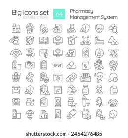 Pharmacy management system linear icons set. Medications customizing, dosage medicine. Patient needs. Customizable thin line symbols. Isolated vector outline illustrations. Editable stroke