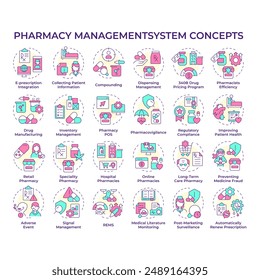 Pharmacy management system multi color concept icons. Drug management software. Retail pharmacy. Patient information. Icon pack. Vector images. Round shape illustrations. Abstract idea