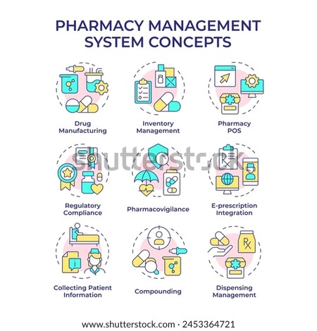 Pharmacy management system multi color concept icons. Drug manufacturing, pharmacovigilance. Icon pack. Vector images. Round shape illustrations for infographic, article. Abstract idea