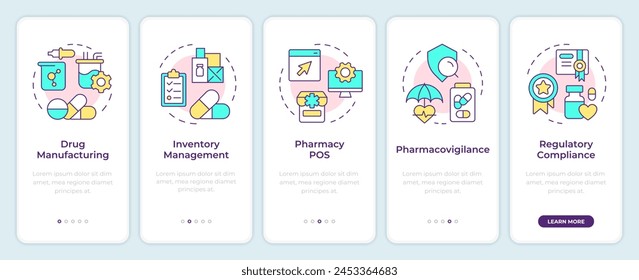 Pharmacy management system onboarding mobile app screen. Walkthrough 5 steps editable graphic instructions with linear concepts. UI, UX, GUI template. Montserrat SemiBold, Regular fonts used