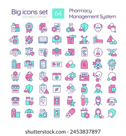 Pharmacy management system RGB color icons set. Drug manufacturing. Pharmaceutical products, pills. Isolated vector illustrations. Simple filled line drawings collection. Editable stroke