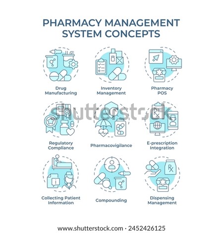 Pharmacy management system soft blue concept icons. Drug manufacturing, pharmacovigilance. Icon pack. Vector images. Round shape illustrations for infographic, article. Abstract idea