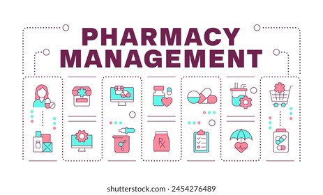 Concepto de palabra de gestión de farmacia aislado en blanco. Compuesto químico, producción de píldoras. Equipo de fábrica. Anuncio de ilustración creativa rodeado de iconos de colores de línea editables. Hubot Sans fuente utilizada