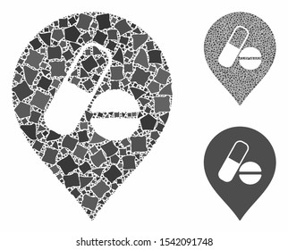 Pharmacy marker mosaic of trembly elements in variable sizes and color tinges, based on pharmacy marker icon. Vector trembly elements are organized into collage.