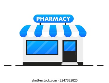 Pharmacy or market store front exterior facade, store door front building local window. Vector illustration