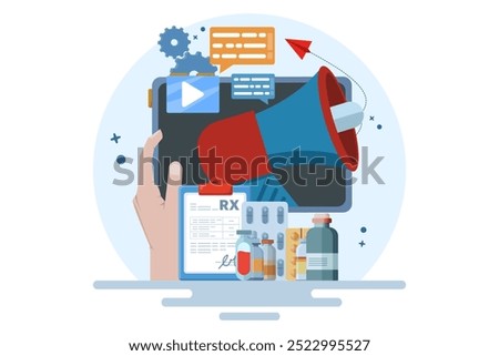 Pharmacy Marketing Concept. Pharmacy representative with computer and medicines. Advertising of medicines, healthcare industry. Flat vector illustration for web banners, infographics.