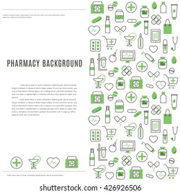 Pharmacy and Medical Background. Collection of Line Web Icons of Drugstore and Pharmacy. Vector template for your design.