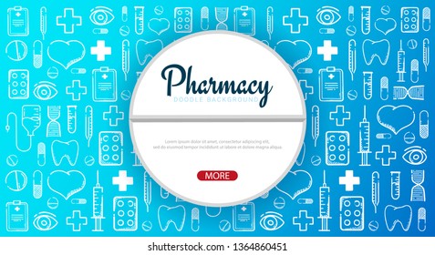 Pharmacy and Medical banner with doodle background. Pills, Vitamin tablets, medical drug. Vector Illustration