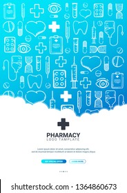 Pharmacy and Medical banner with doodle background. Pills, Vitamin tablets, medical drug. Vector Illustration