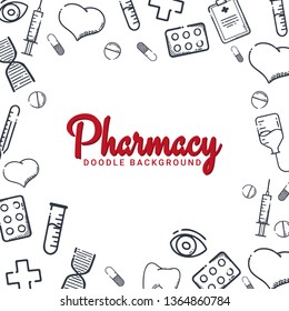 Pharmacy and Medical banner with doodle background. Pills, Vitamin tablets, medical drug. Vector Illustration
