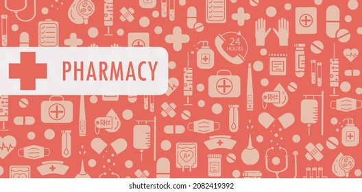 Pharmacy and medical banner with doodle background. Pills, tablets, medical equipment. Vector Illustration