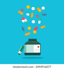 Pharmacy medical concept. various types of health medicines and vitamins, pills, capsules. Health illustration in flat style.