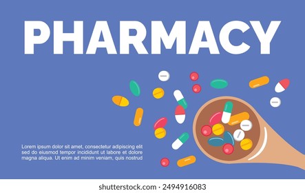 Pharmacy medical concept. various types of health medicines and vitamins, pills, capsules. Health illustration in flat style.