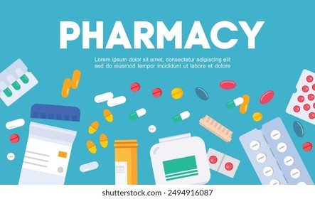 Pharmacy medical concept. various types of health medicines and vitamins, pills, capsules. Health illustration in flat style.