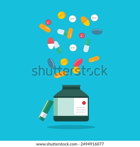 Pharmacy medical concept. various types of health medicines and vitamins, pills, capsules. Health illustration in flat style.