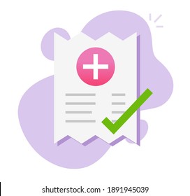 Pharmacy Medical Cost Receipt Bill Document Vector Icon Flat Cartoon Design, Concept Of Medicine Tax Payment Or Insurance Expense Paper Receipt With Check Mark