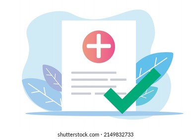 Pharmacy medical cost receipt bill document with checkmarks flat cartoon icon, illustrated paper document with approved healthcare vector icon flat cartoon design. 